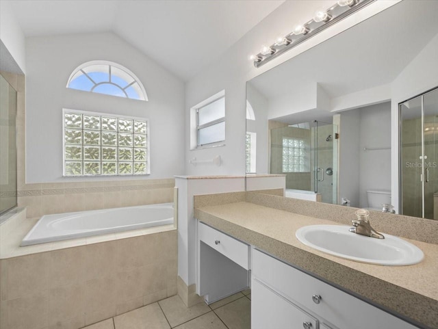 15430 Oakcrest Cir, Brooksville, FL 34604 - full bathroom featuring tile patterned floors, plenty of natural light, vanity, a stall shower, and vaulted ceiling