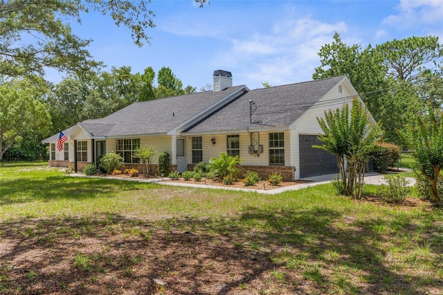 14645 Spellman Ct, Spring Hill, FL 34610 - ranch-style home with a garage, a chimney, and a front yard