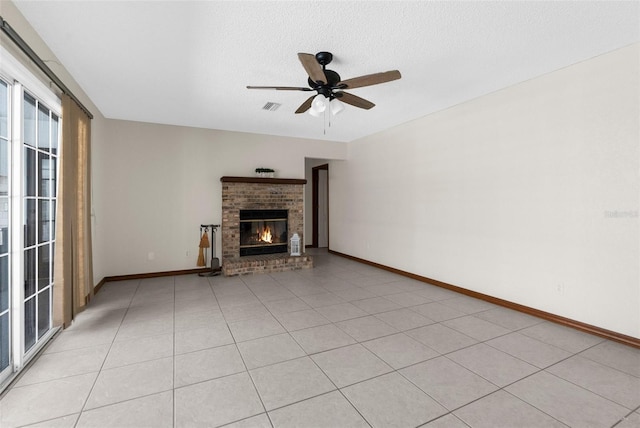 14645 Spellman Ct, Spring Hill, FL 34610 - unfurnished living room featuring a ceiling fan, a fireplace, and a textured ceiling