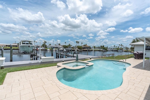 3701 Corsair Ct, New Port Richey, FL 34652 - view of swimming pool featuring boat lift, a dock, a water view, grilling area, and a pool with connected hot tub