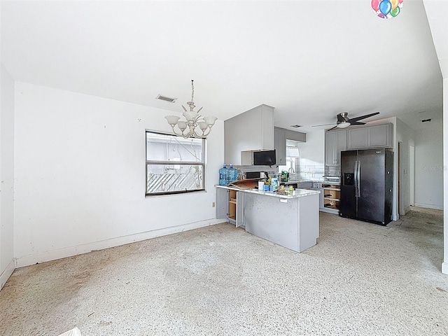 336 Boca Ciega Dr, Madeira Beach, FL 33708 - kitchen featuring refrigerator with ice dispenser, gray cabinetry, a chandelier, a peninsula, and light countertops