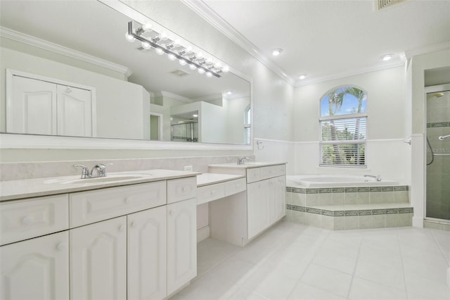 2519 Shipston Ave, New Port Richey, FL 34655 - full bath featuring crown molding, a shower stall, double vanity, a bath, and tile patterned floors
