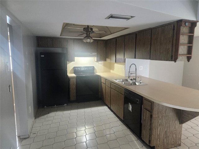 7338 Foxbloom Dr, Port Richey, FL 34668 - kitchen with black appliances, a ceiling fan, light countertops, extractor fan, and open shelves