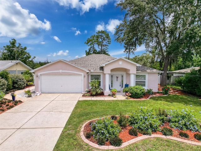 9431 Spring Hill Dr, Spring Hill, FL 34608 - single story home with stucco siding, a garage, concrete driveway, a front yard, and roof with shingles