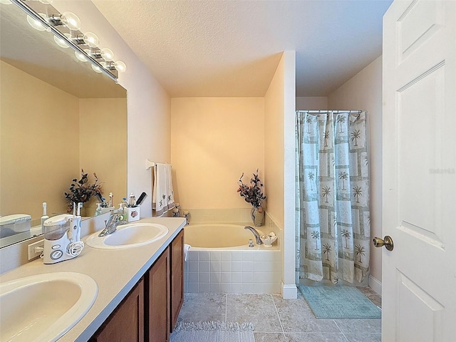 9431 Spring Hill Dr, Spring Hill, FL 34608 - full bathroom with a garden tub, double vanity, a shower with curtain, tile patterned floors, and a textured ceiling
