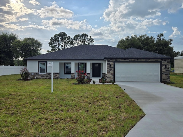 5555 Baffin Cir, Spring Hill, FL 34606 - view of front facade featuring stone siding, a garage, concrete driveway, and roof with shingles