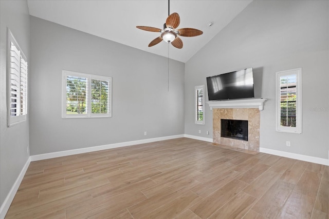 4439 Reeves Rd, New Port Richey, FL 34652 - unfurnished living room featuring light wood finished floors, a ceiling fan, plenty of natural light, and high vaulted ceiling