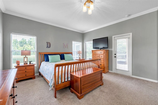 9309 Edistro Pl, New Port Richey, FL 34654 - bedroom with light carpet, crown molding, multiple windows, and access to outside