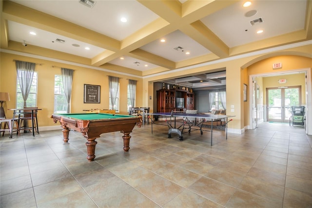 9309 Edistro Pl, New Port Richey, FL 34654 - recreation room featuring coffered ceiling, plenty of natural light, billiards, beam ceiling, and recessed lighting
