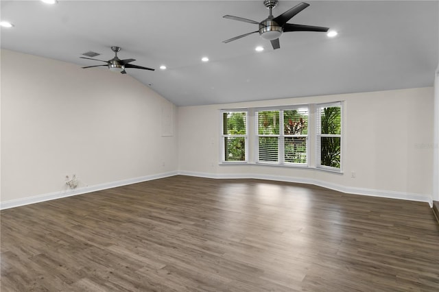 2202 Amity Ct, New Port Richey, FL 34655 - empty room with a ceiling fan, recessed lighting, vaulted ceiling, and wood finished floors