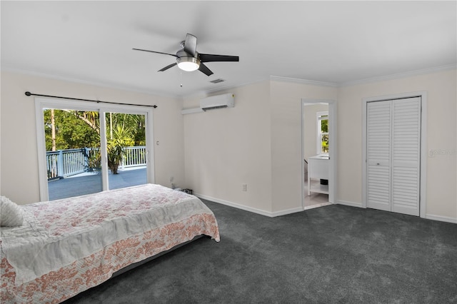2202 Amity Ct, New Port Richey, FL 34655 - bedroom with access to exterior, a wall unit AC, dark colored carpet, ornamental molding, and ceiling fan
