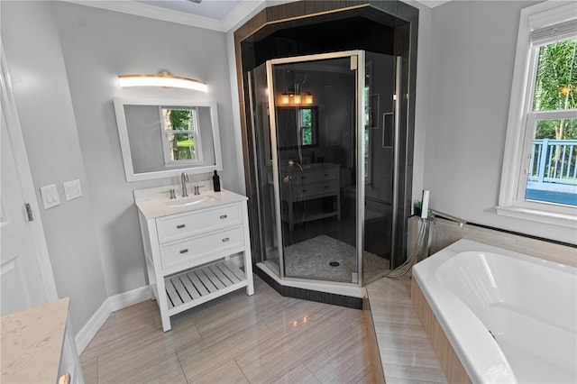 2202 Amity Ct, New Port Richey, FL 34655 - bathroom with vanity, a garden tub, ornamental molding, and a shower stall