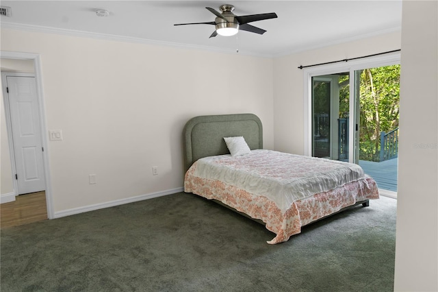 2202 Amity Ct, New Port Richey, FL 34655 - carpeted bedroom with access to outside, crown molding, and a ceiling fan