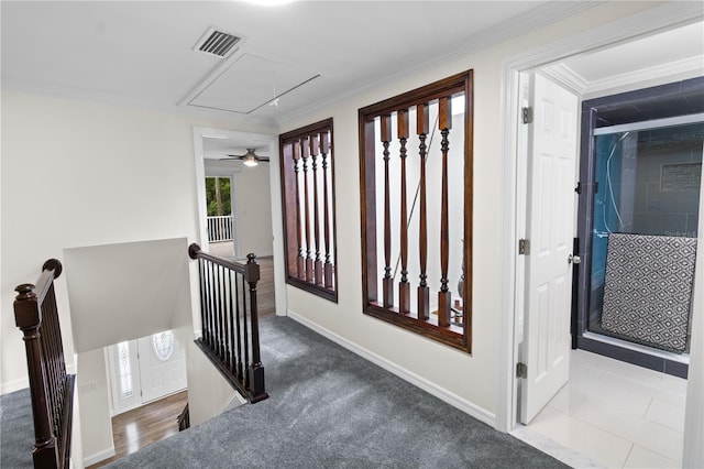 2202 Amity Ct, New Port Richey, FL 34655 - corridor featuring attic access, an upstairs landing, and crown molding