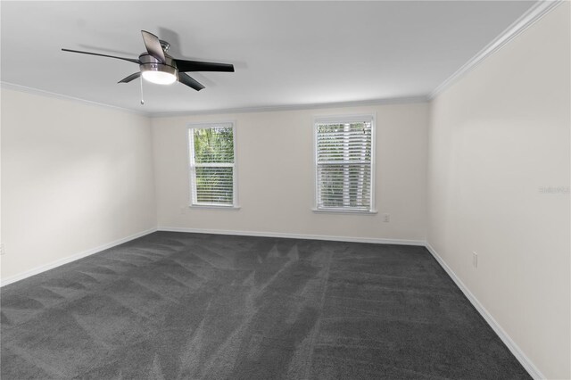 2202 Amity Ct, New Port Richey, FL 34655 - unfurnished room with dark colored carpet, crown molding, and ceiling fan