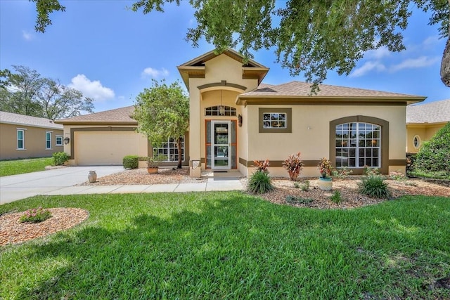 9406 Burnam Dr, Weeki Wachee, FL 34613 - view of front facade with stucco siding, a garage, concrete driveway, and a front yard