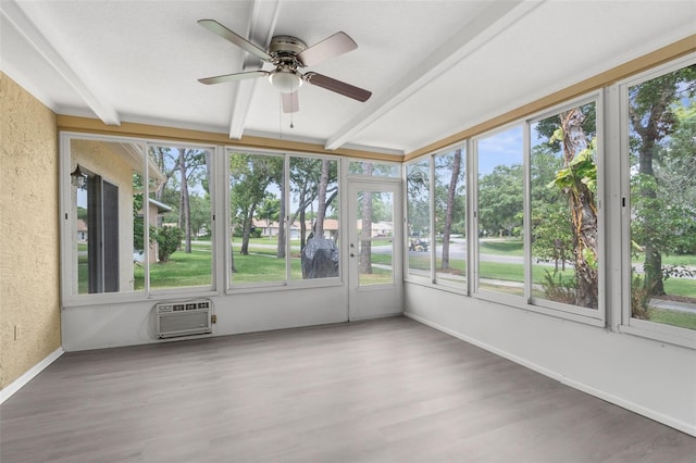 6509 Pine Meadows Dr, Spring Hill, FL 34606 - unfurnished sunroom featuring beam ceiling, a ceiling fan, and an AC wall unit