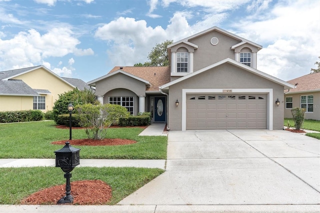 11418 Tee Time Cir, New Port Richey, FL 34654 - traditional-style home with stucco siding, a front yard, driveway, and an attached garage
