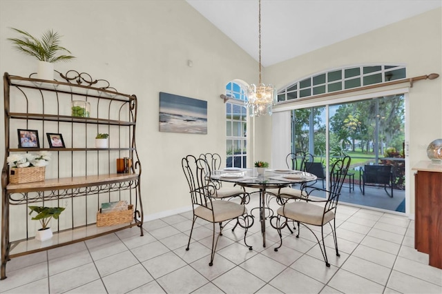 11418 Tee Time Cir, New Port Richey, FL 34654 - tiled dining area featuring a chandelier and high vaulted ceiling