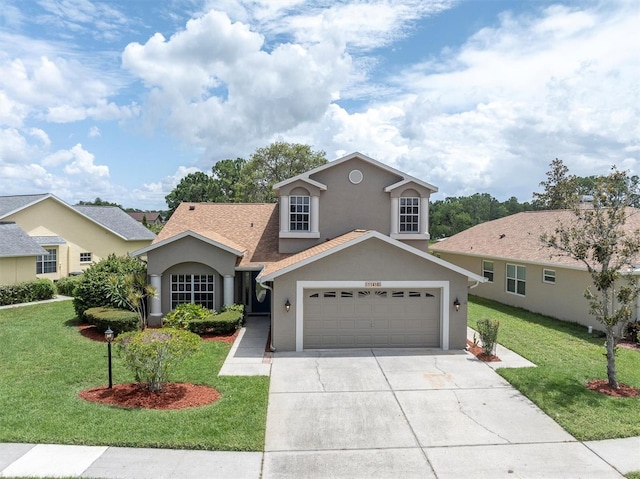 11418 Tee Time Cir, New Port Richey, FL 34654 - traditional-style house with stucco siding, an attached garage, concrete driveway, and a front lawn