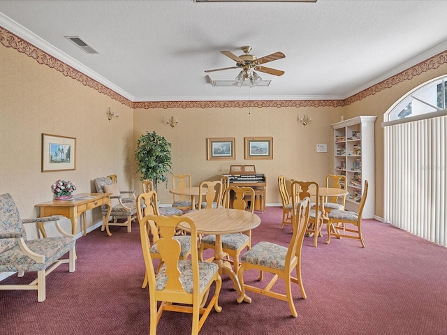 8401 Pavilion Dr, Hudson, FL 34667 - dining area with carpet, crown molding, a ceiling fan, and a textured ceiling