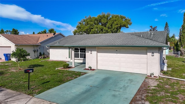 9425 Sterling Ln, Port Richey, FL 34668 - single story home with brick siding, a garage, driveway, a front yard, and a shingled roof