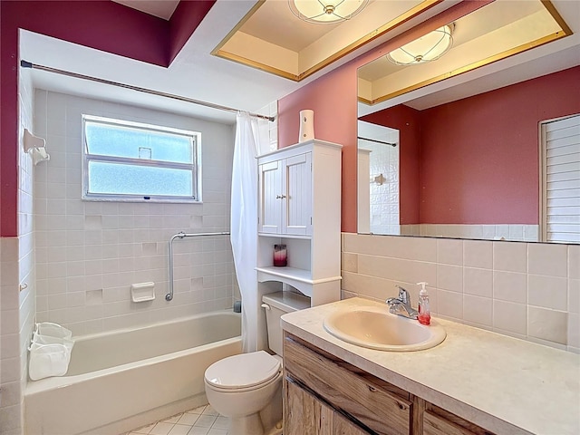 9425 Sterling Ln, Port Richey, FL 34668 - bathroom featuring shower / bath combination with curtain, vanity, decorative backsplash, and tile patterned floors