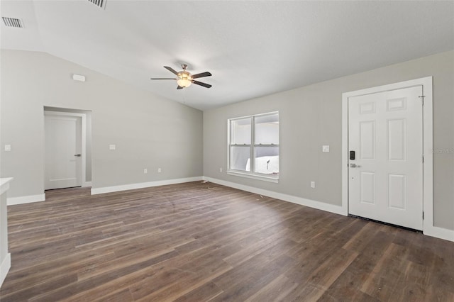 8782 N Sandree Dr, Citrus Springs, FL 34434 - unfurnished living room with a ceiling fan, lofted ceiling, and dark wood-type flooring