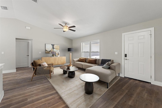 8782 N Sandree Dr, Citrus Springs, FL 34434 - living room featuring lofted ceiling, wood finished floors, and ceiling fan