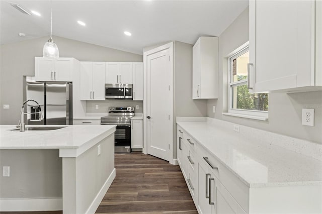 8782 N Sandree Dr, Citrus Springs, FL 34434 - kitchen featuring appliances with stainless steel finishes, dark wood-style flooring, white cabinetry, lofted ceiling, and decorative light fixtures