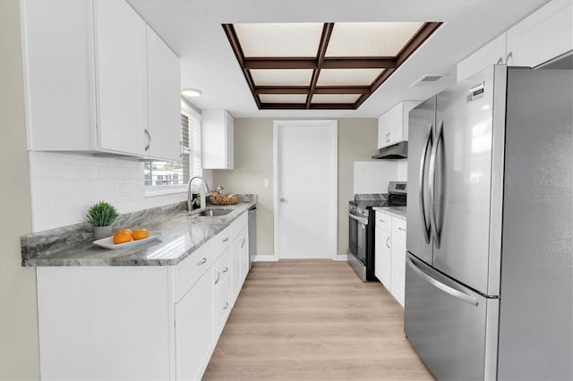 2954 Leisure Ct, Dunedin, FL 34698 - kitchen featuring appliances with stainless steel finishes, light wood-style floors, under cabinet range hood, white cabinets, and decorative backsplash