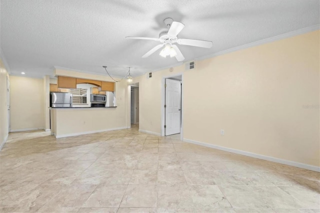 2500 Winding Creek Blvd Unit I106, Clearwater, FL 33761 - unfurnished living room featuring a textured ceiling, a ceiling fan, and crown molding