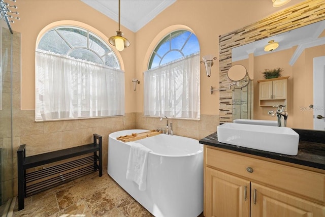 14178 Pullman Dr, Spring Hill, FL 34609 - full bath with ornamental molding, tile walls, a freestanding tub, and vanity