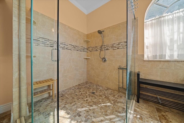 14178 Pullman Dr, Spring Hill, FL 34609 - bathroom featuring a stall shower and ornamental molding