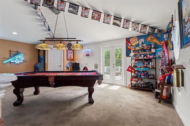 26221 Pheasant Run, Wesley Chapel, FL 33544 - game room with french doors, billiards, carpet floors, and recessed lighting