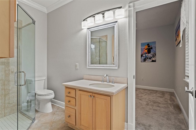 26221 Pheasant Run, Wesley Chapel, FL 33544 - bathroom with ornamental molding, vanity, and a stall shower
