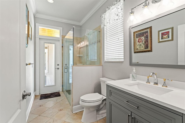 26221 Pheasant Run, Wesley Chapel, FL 33544 - full bathroom featuring vanity, ornamental molding, a stall shower, and plenty of natural light