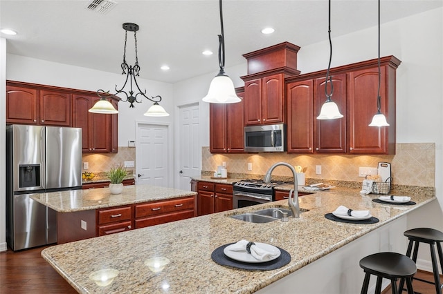 9829 Sorbonne Loop, Seffner, FL 33584 - kitchen with stainless steel appliances, a kitchen island, dark wood-type flooring, light stone countertops, and a peninsula