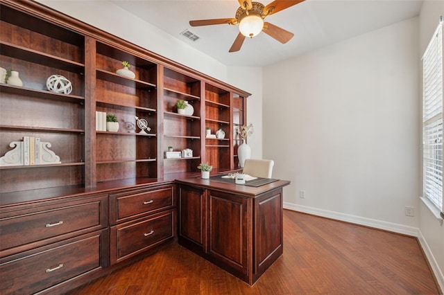 9829 Sorbonne Loop, Seffner, FL 33584 - office with a ceiling fan and dark wood finished floors