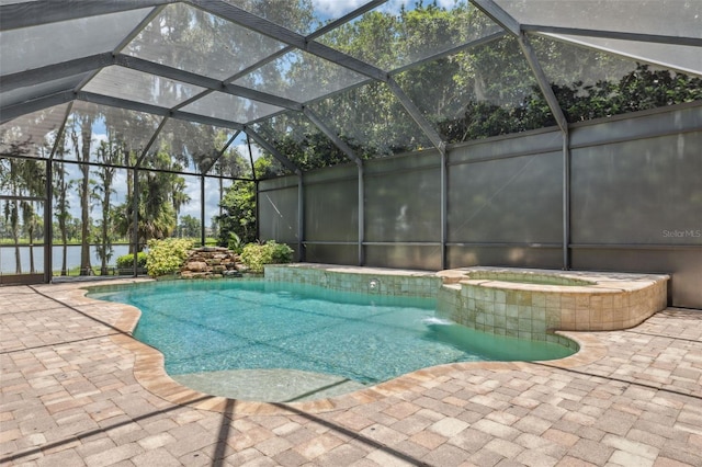 9829 Sorbonne Loop, Seffner, FL 33584 - view of pool with a patio, a pool with connected hot tub, glass enclosure, and a water view