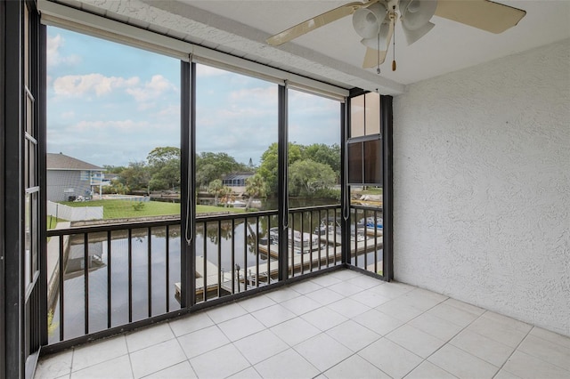 5640 Ferguson Ct Unit 2203, New Port Richey, FL 34652 - unfurnished sunroom featuring a ceiling fan and a water view