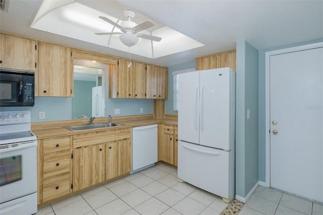 5640 Ferguson Ct Unit 2203, New Port Richey, FL 34652 - kitchen featuring white appliances, light brown cabinetry, ceiling fan, light countertops, and light tile patterned flooring