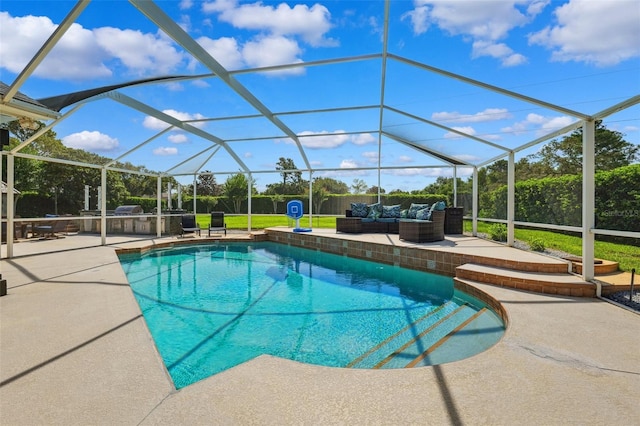 1478 Brigadier Dr, Spring Hill, FL 34608 - swimming pool featuring a patio, an outdoor living space, and glass enclosure