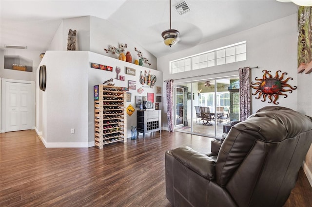1478 Brigadier Dr, Spring Hill, FL 34608 - living room featuring high vaulted ceiling, ceiling fan, and wood finished floors