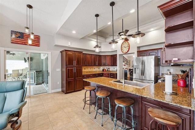 1478 Brigadier Dr, Spring Hill, FL 34608 - kitchen with stainless steel fridge with ice dispenser, a ceiling fan, a peninsula, open shelves, and decorative backsplash
