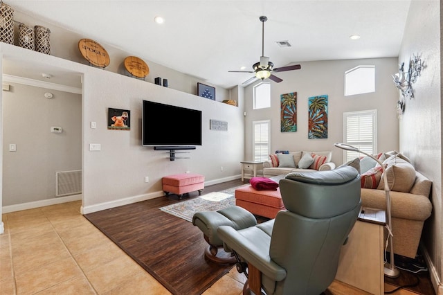 1478 Brigadier Dr, Spring Hill, FL 34608 - living room featuring ceiling fan, light tile patterned floors, high vaulted ceiling, and recessed lighting