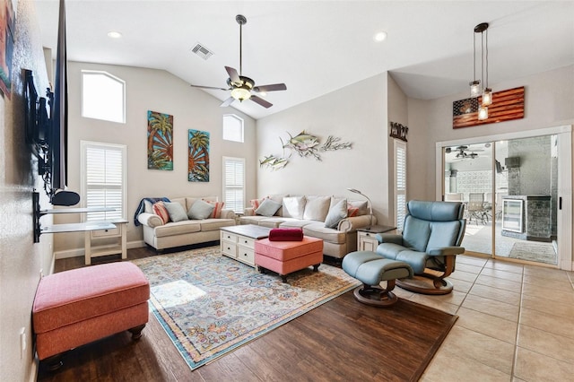 1478 Brigadier Dr, Spring Hill, FL 34608 - living room featuring a ceiling fan, high vaulted ceiling, and recessed lighting