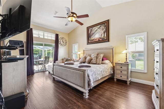 1478 Brigadier Dr, Spring Hill, FL 34608 - bedroom featuring access to exterior, high vaulted ceiling, dark wood-style flooring, and ceiling fan
