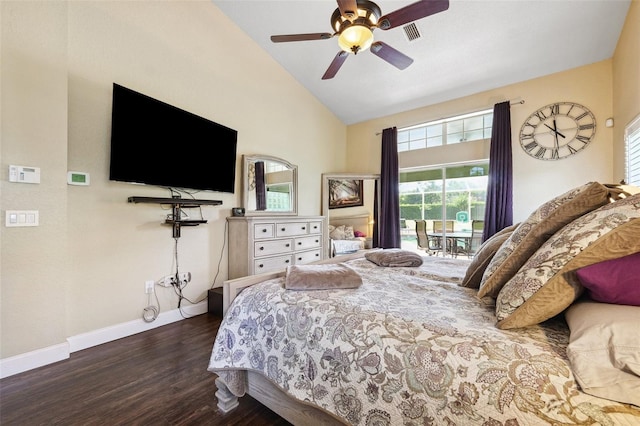 1478 Brigadier Dr, Spring Hill, FL 34608 - bedroom featuring access to outside, wood finished floors, high vaulted ceiling, and ceiling fan