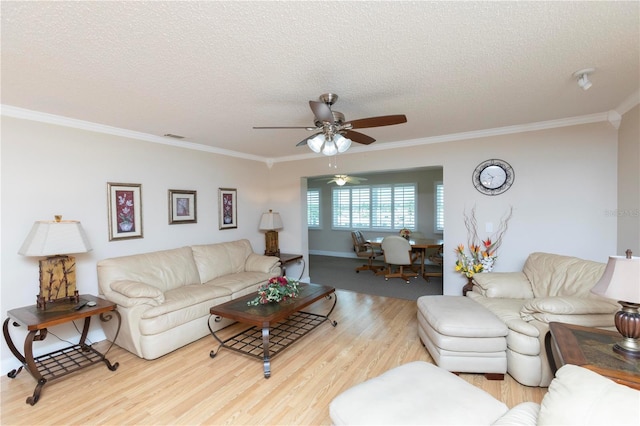 4452 Garnet Dr Unit 302, New Port Richey, FL 34652 - living area with wood finished floors, crown molding, a ceiling fan, and a textured ceiling